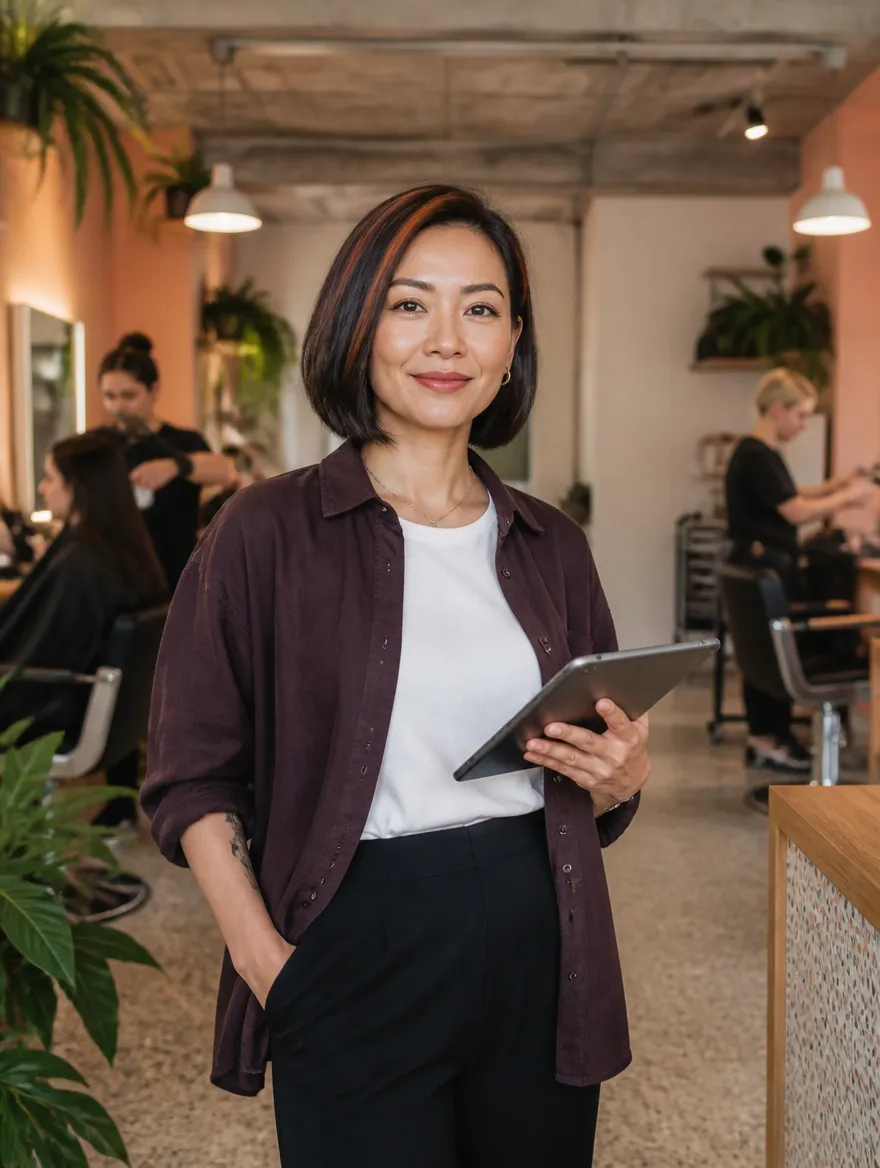 Filialleiterin im Salon, im Hintergrund ihr Team