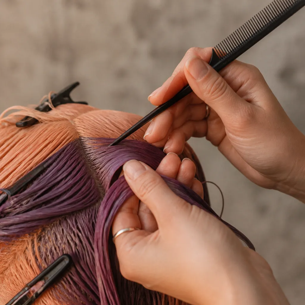 Coloristin trägt einer Kundin die Farbe auf
