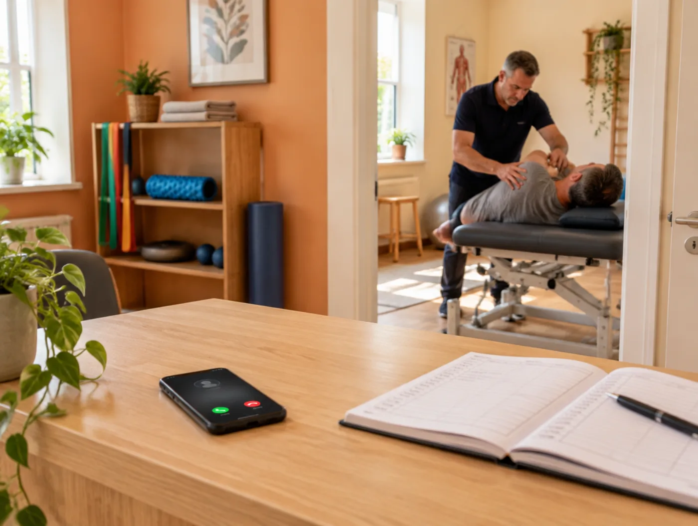 Physiotherapeut behandelt einen Patienten, vorne klingelt am leeren Empfang das Telefon