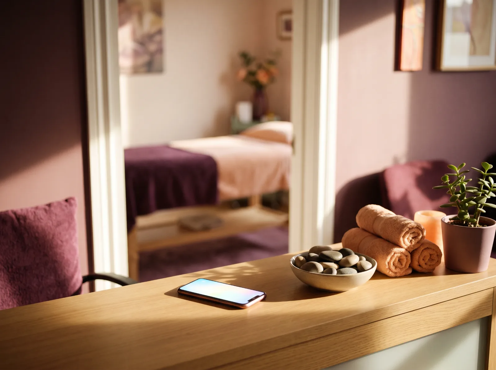 Unbesetzter Empfang einer Massagepraxis, das Telefon leuchtet