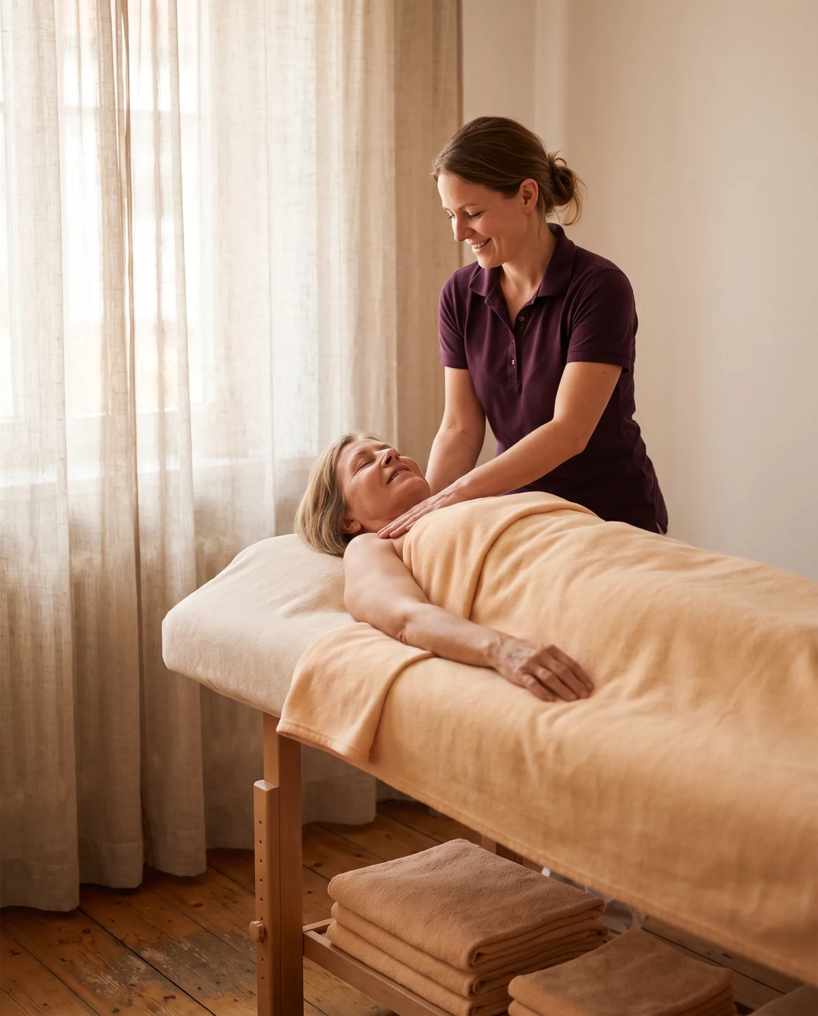 Masseurin legt einer entspannten Kundin auf der Liege die Hände auf die Schultern