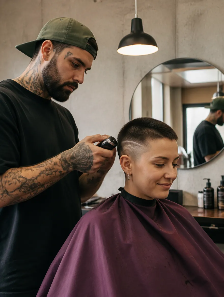Barber schneidet konzentriert einer jungen Kundin die Haare