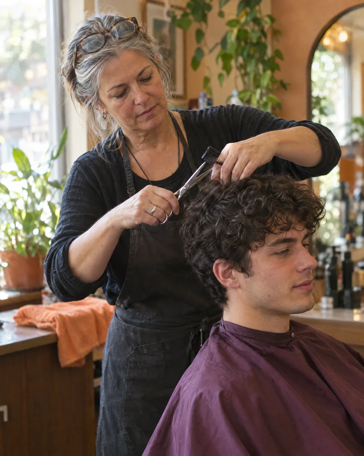 Friseurin schneidet einer Stammkundin konzentriert die Haare